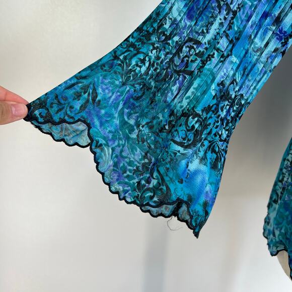 Laura Scott Blue Damask Printed Pleated Stretch Shirt Top - Picture 5 of 8